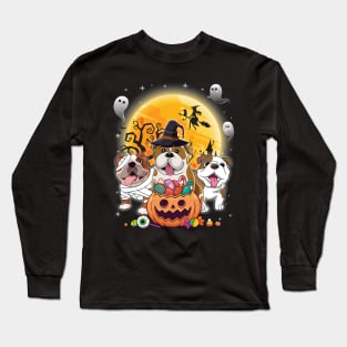 English Bulldog Dog Mummy Witch Moon Ghosts Happy Halloween Thanksgiving Merry Christmas Day Long Sleeve T-Shirt